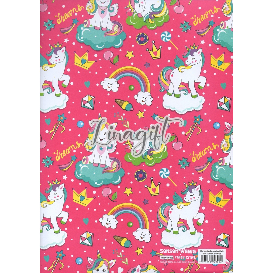 ( 5 Lembar ) JUMBO HELLOKITTY UNICORN BEAR - KERTAS KADO SANWA - GIFT WRAP PAPER SANSAN WAWA HELLOKITTY / TSUM TSUM PINK / FROZEN / UNICORN / MERMAID