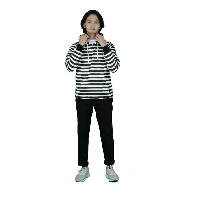 Sweater Jaket Hoodie Garis Sripes Cotton Baby Terry Hitam Putih All Size Premium Quality