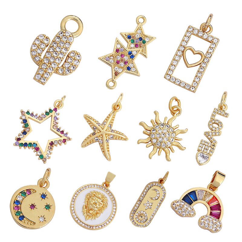 1Pc 7-24mm Gold Plated Zircon Brass Sun Moon Star Cacti Rainbow Charm Pendant for Bracelet Necklace Earring Making DIY Jewelry