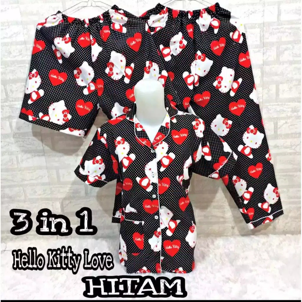 JNV Piyama Dewasa CP 3in1 Motif Karakter Kartun 01 - Baju Tidur 3in1 - Bahan Katun-HK New Love Hitam
