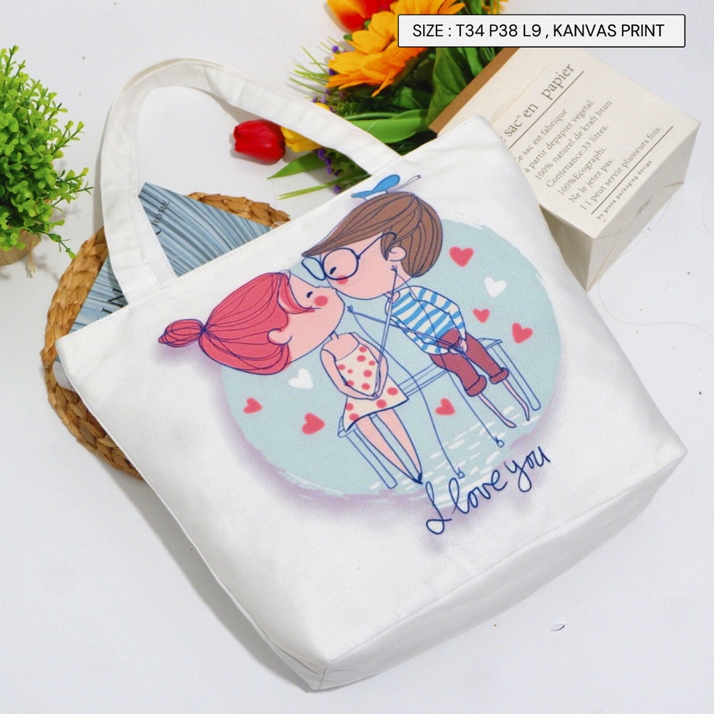 SANSURBAGS [COD] Tote Bag Karakter Abstrak Bunga TOTEBAG SEKOLAH Gambar Lucu Tas Tote Murah Kanvas Ada Resleting