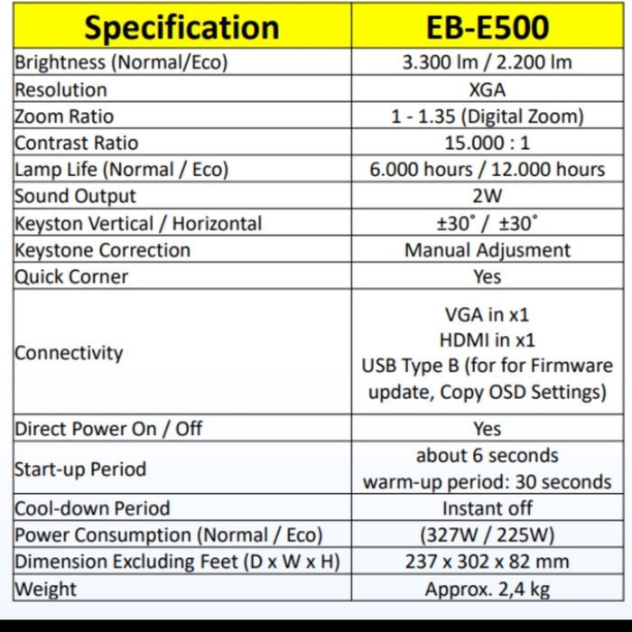 Projector Epson EB-E500 XGA 3300 Lumens 3LCD HDMI