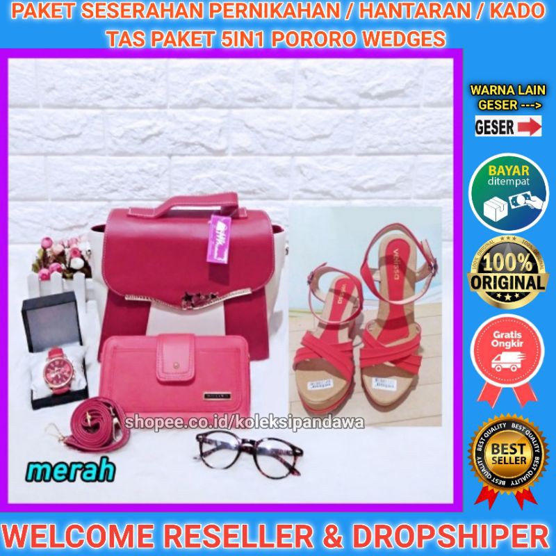 TAS WANITA PAKET SESERAHAN PERNIKAHAN JAM TANGAN DOMPET SANDAL WEDGES WANITA KACAMATA SENDAL WEDGES