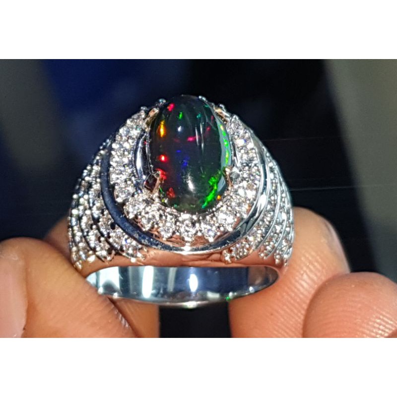 CINCIN BATU PERMATA BLACK OPAL ASLI NATURAL TOP QUALITY JARONG IKATAN RING PERAK