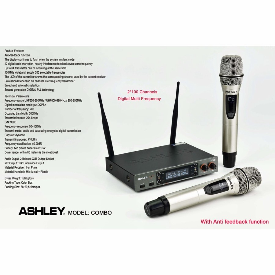 Microphone - Mic Wireless ASHLEY COMBO ORIGINAL Dual Mic Handle Original