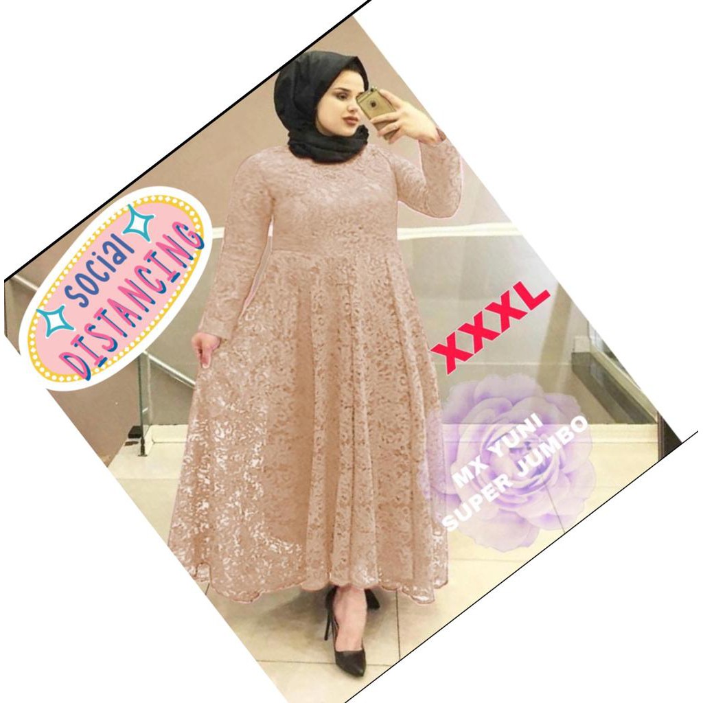 GAMIS YUNI 7 wrn JUMBO XXXL BUSUI BIGSIZE MAXI DRESS MUSLIM BRUKAT TULANG TIMBUL BROKAT CORNELI