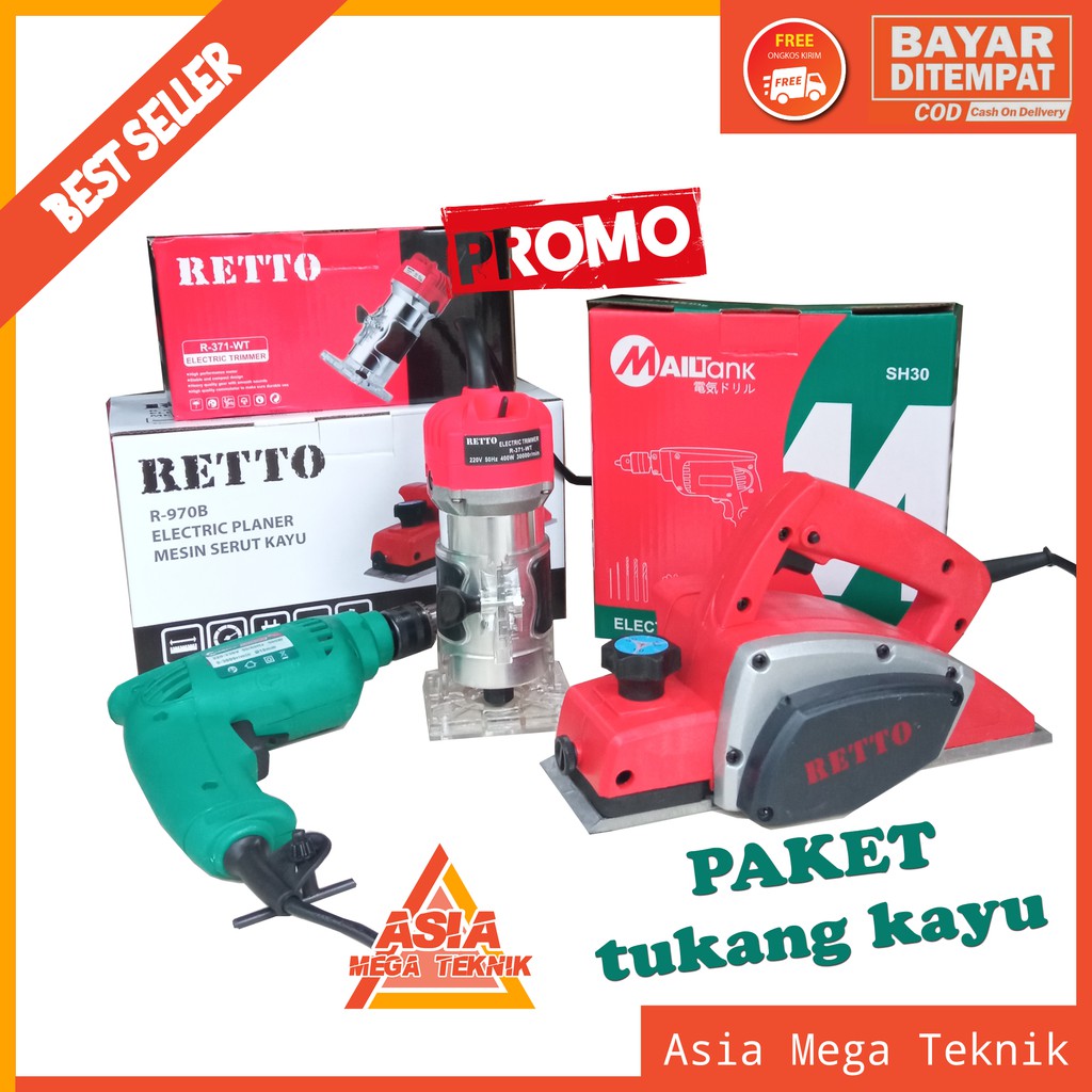 PAKET TUKANG KAYU 3 ITEM  PLANNER RETTO ,BOR 10MM MAILTANK, TRIMMER RETO ,URAH BERKUALITAS