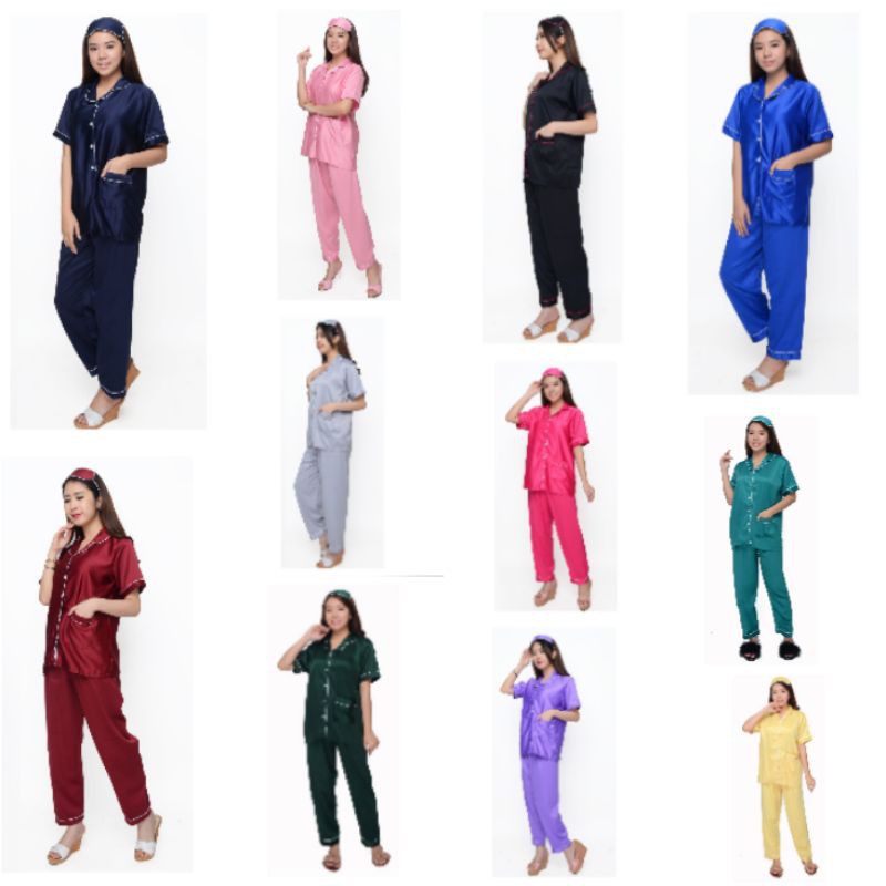 Piyama satin velvet cp maron / Set Baju tidur Polos Lengan Pendwk Setelan Celana Panjang Pajamas