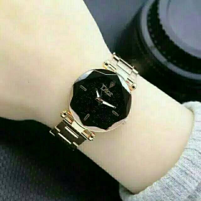 Jam Tangan Wanita Permata Rantai Balok Satu Plat Glitter Rosegold