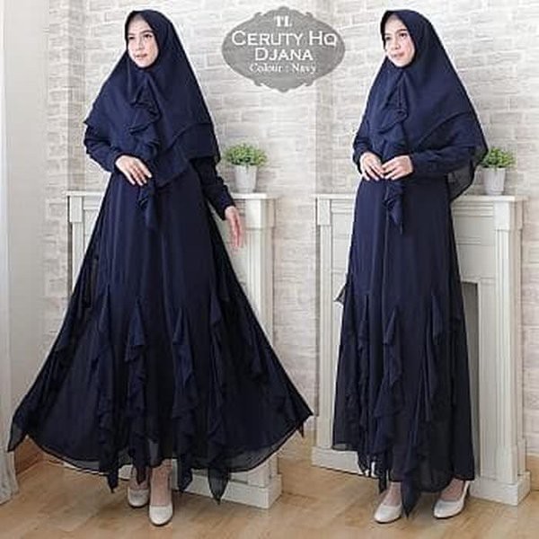 Baju Muslim Wanita Syari Ceruty Djana Nevy TL - Gamis Wanita Ceruty Biru Dongker