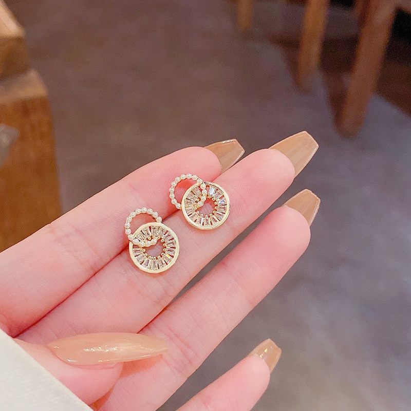 Anting Tusuk Sterling silver 925 Desain Lingkaran Hias Zircon + Mutiara Gaya Mewah Untuk Wanita