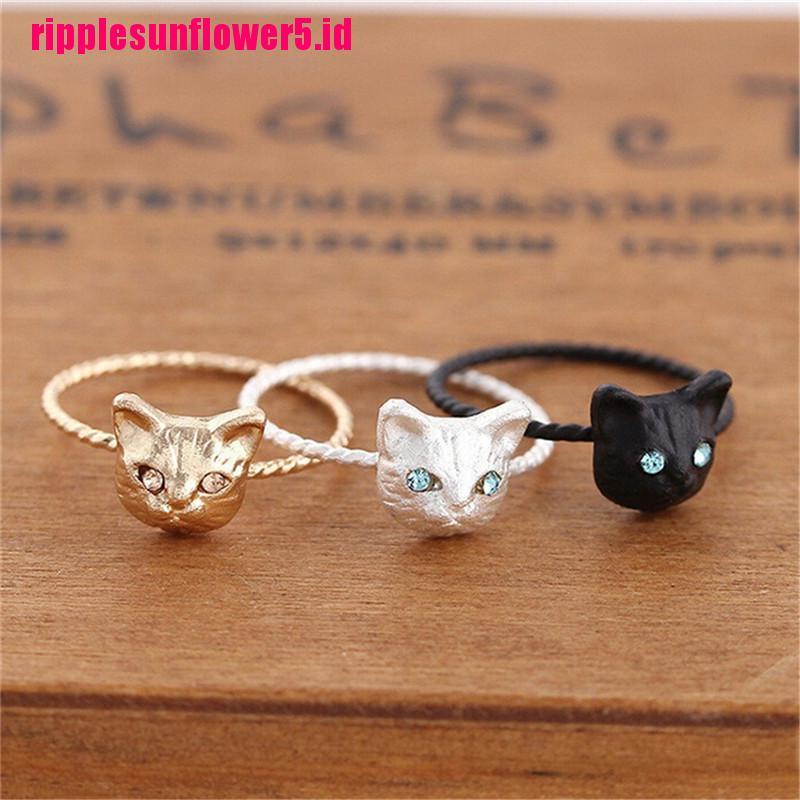 # Kaos T-Shirt Wanita Lengan Pendek Motif Print #1pc Cincin Berlian Imitasi Bentuk Kucing Mini Warna Hitam / Emas / Silver
