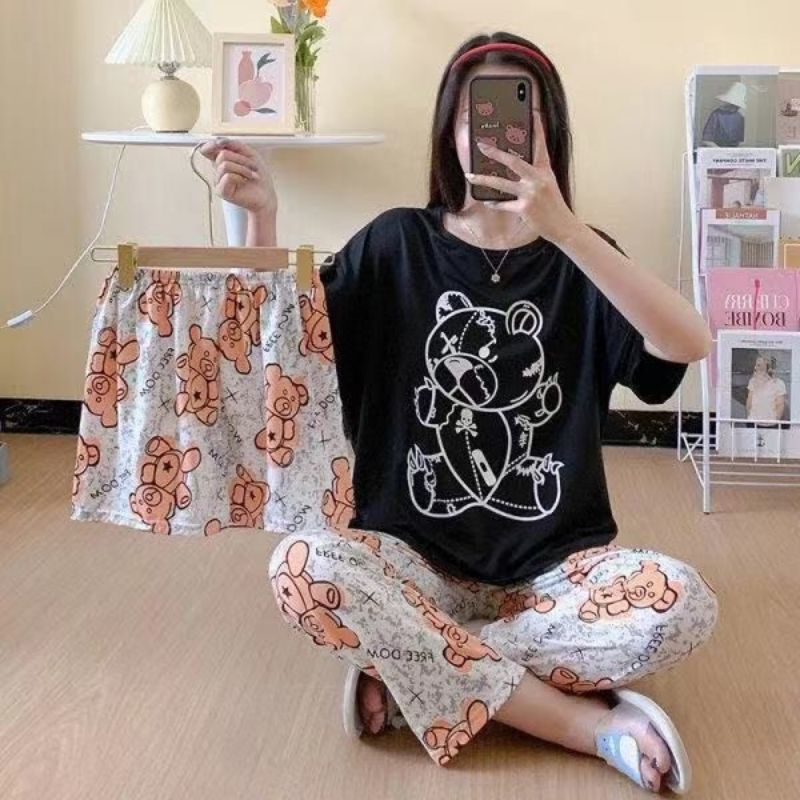 MDLV ~ BAJU TIDUR SET 3IN1 TEDDY BLACK BAJU TIDUR IMPORT CEWEK BEST SELLER PIYAMA DEWASA IMPORT