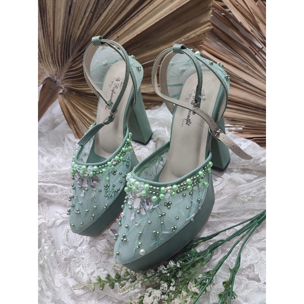 sepatu wanita wedding Zaneta sage green tali 12cm tahu