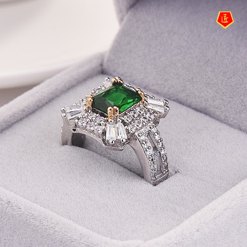 [Ready Stock]Inlaid Green Moissanite Square Ring Simple Fashion