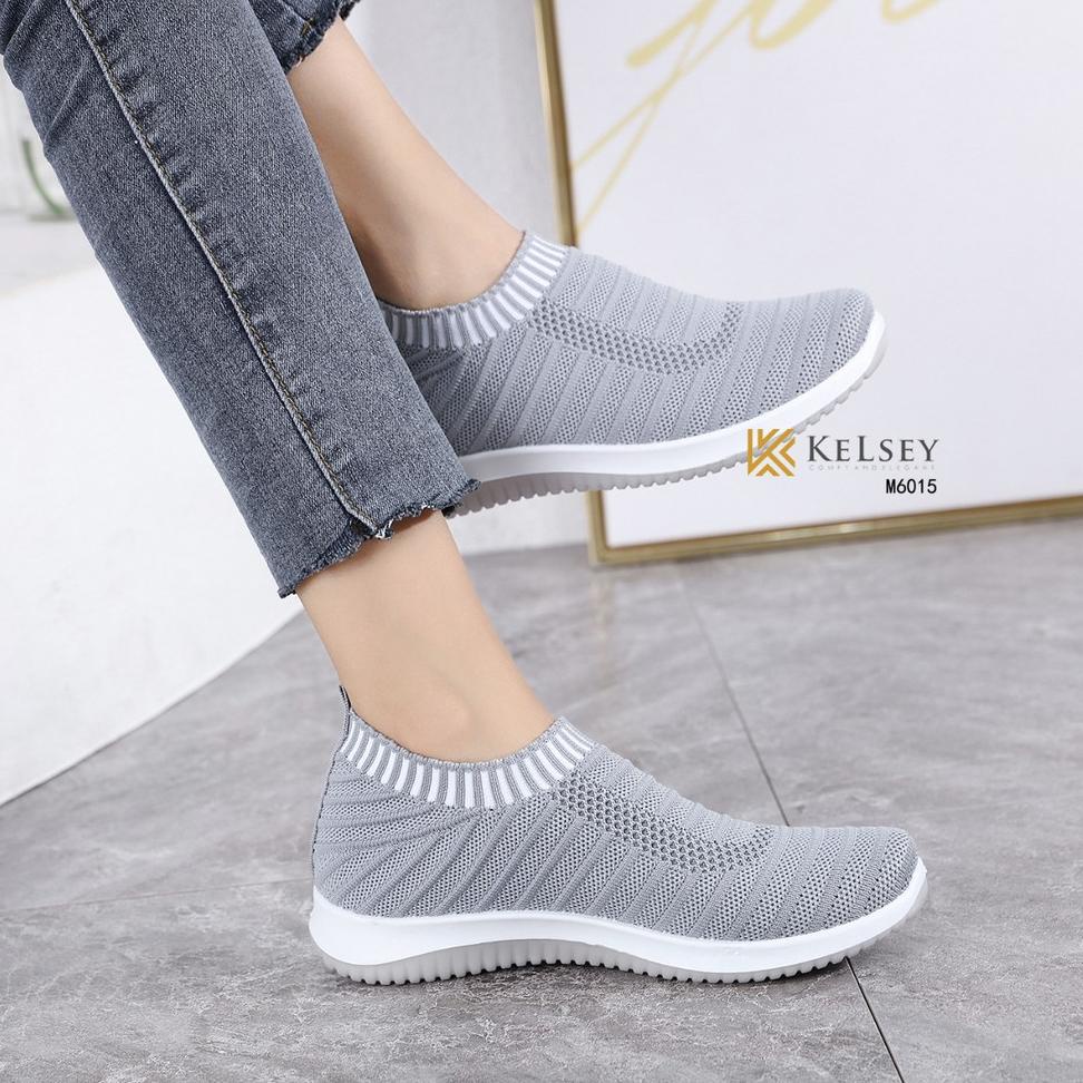 (  Kaos Kaki ) Kelsey Sepatu Sneakers Flyknit Shoes Wanita 4cm M6015 8K2