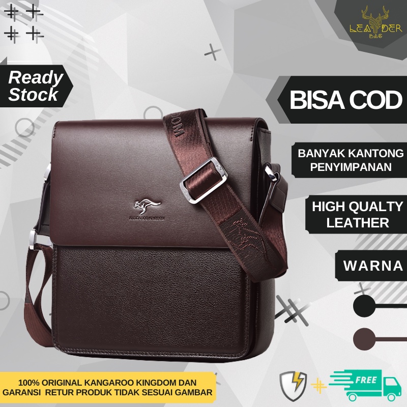 Tas Selempang Pria Kulit Asli Original New Kangaroo Kingdom Warna Hitam Dan Coklat Model Terbaru B12