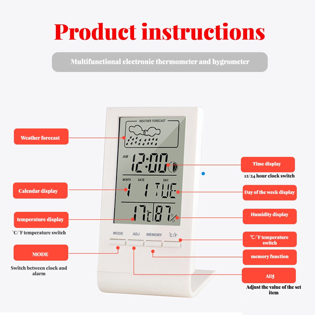 Jam meja digital plus kalender termometer Hygrometer prakiraan cuaca cocok untuk meja kantor