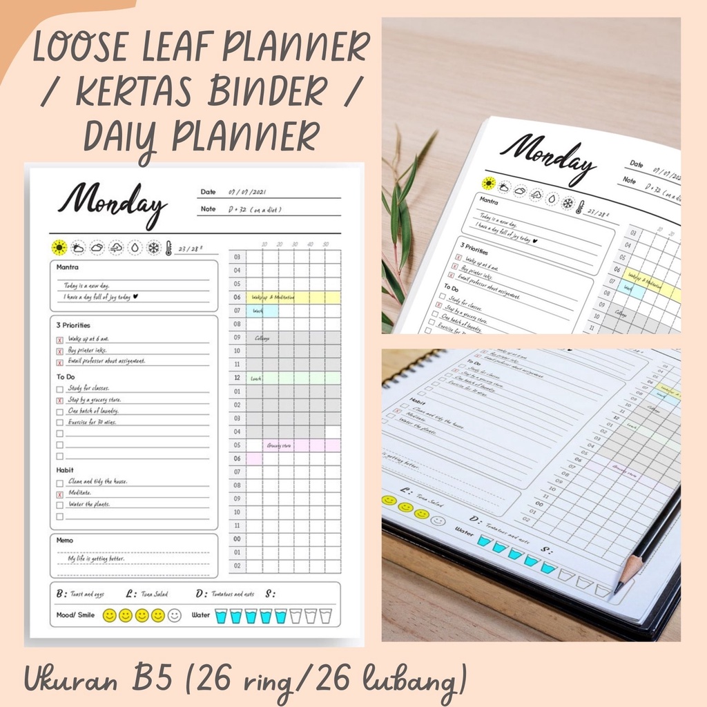

LOOSE LEAF DAILY PLANNER / BINDER PLANNER / STUDY PLANNER / BUKU CATATAN / NOTEBOOK / KERTAS BINDER / BINDER REFILL / ISI BINDER