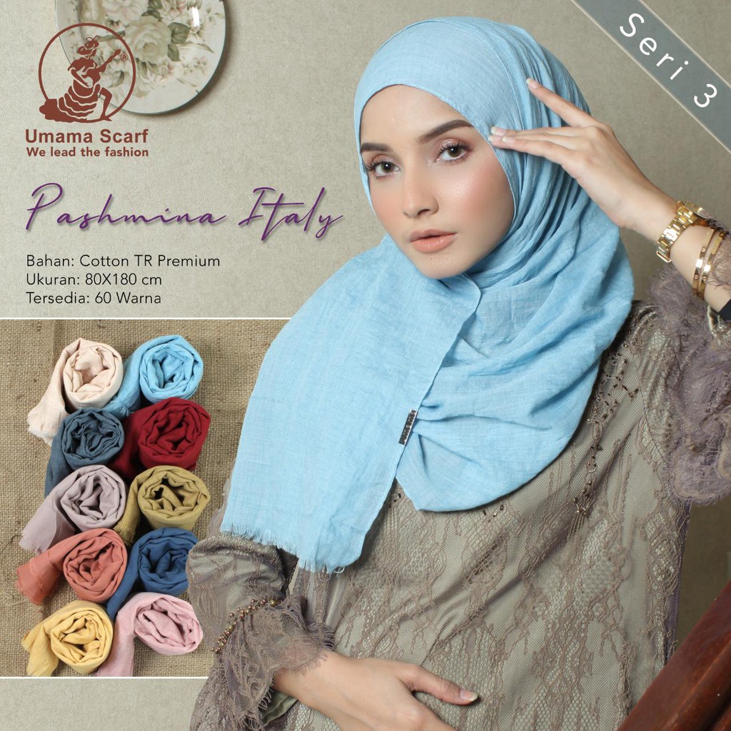 PASHMINA ITALY RAWIS KOMBI TEPI JAHIT KATUN BY UMAMA ORIGINAL 175 x 70 COTTON PASMINA JILBAB GROSIR