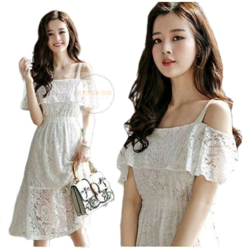SCFA -NR NTIKACA - Dress Korea Off Shoulder motif brukat warna putih