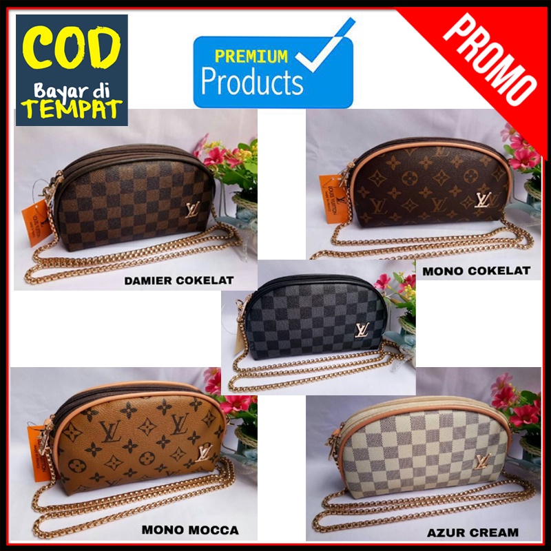 TERMURAH  TAS DOMPET LV KERANG 2 Ruang SLEMPANG WANITA MINI RANTAI / SELEMPANG IMPORT LV DAMIER MONO