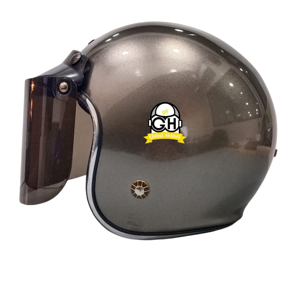 Helm Retro List Chrome Allgrey Helm Bogo Half Face SNI Free Kaca Flat