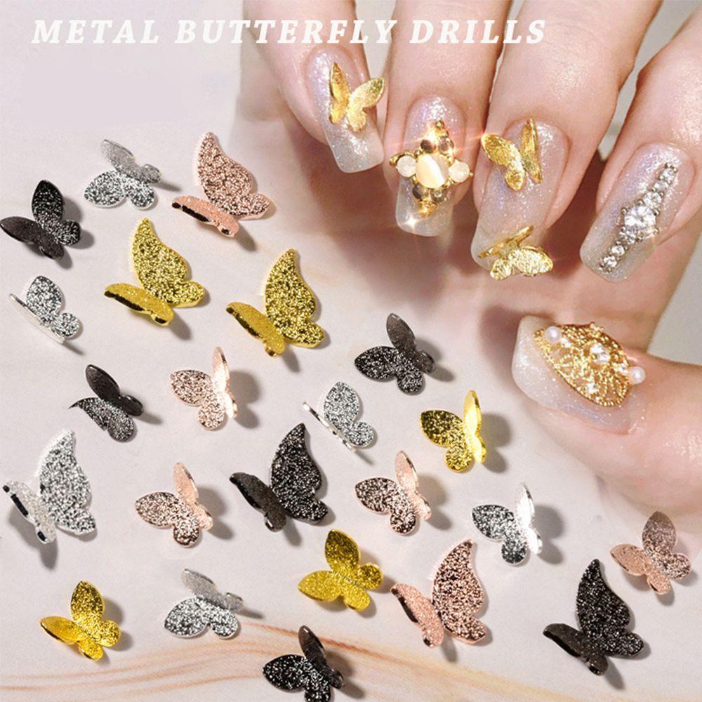 AUGUSTINA Agustina Kuku Berlian Imitasi DIY INS Gaya Dekorasi Kuku Golden/Silver/Black Metal Butterfly