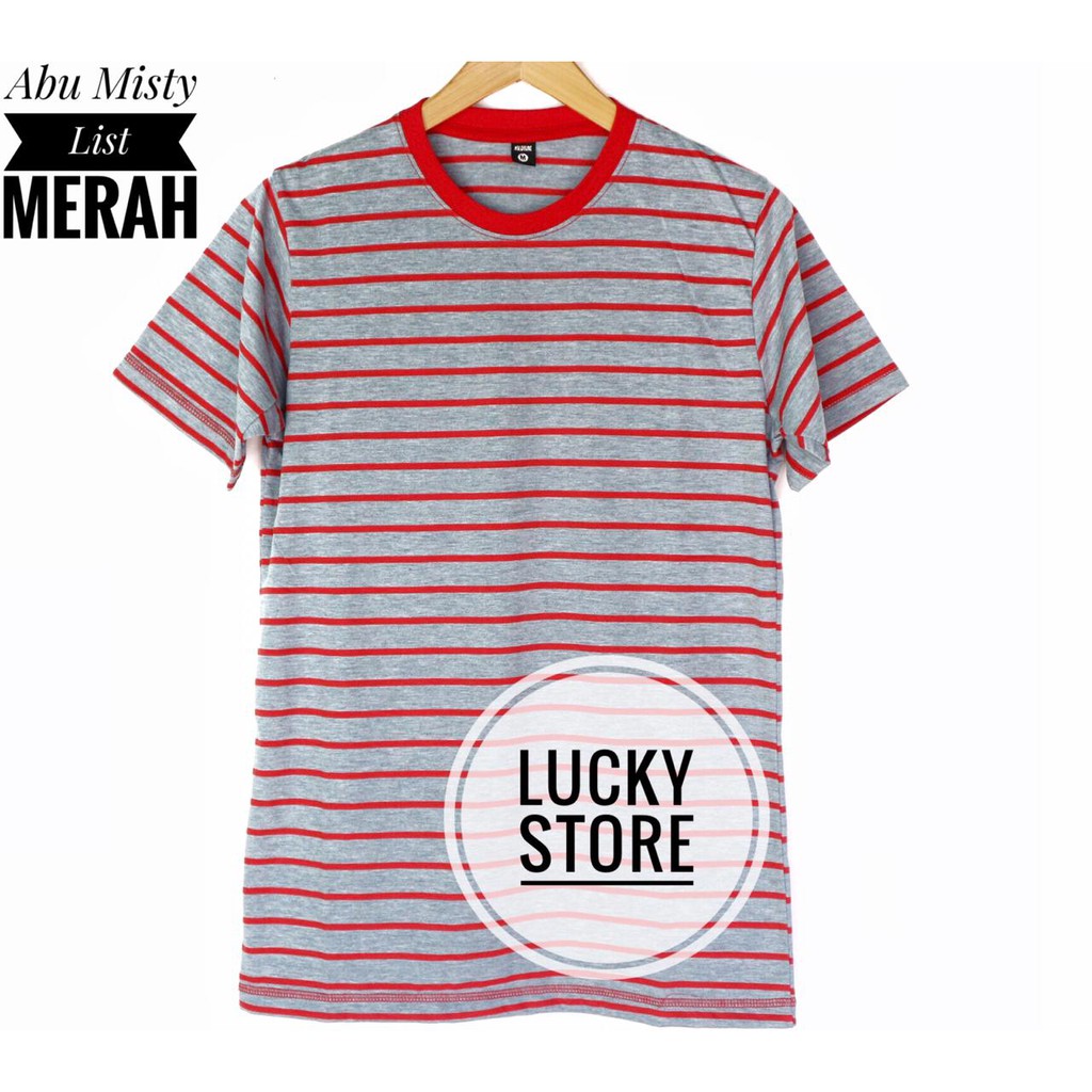  Kaos  Stripe Abu Misty  list MERAH  COTTON COMBED Kaos  