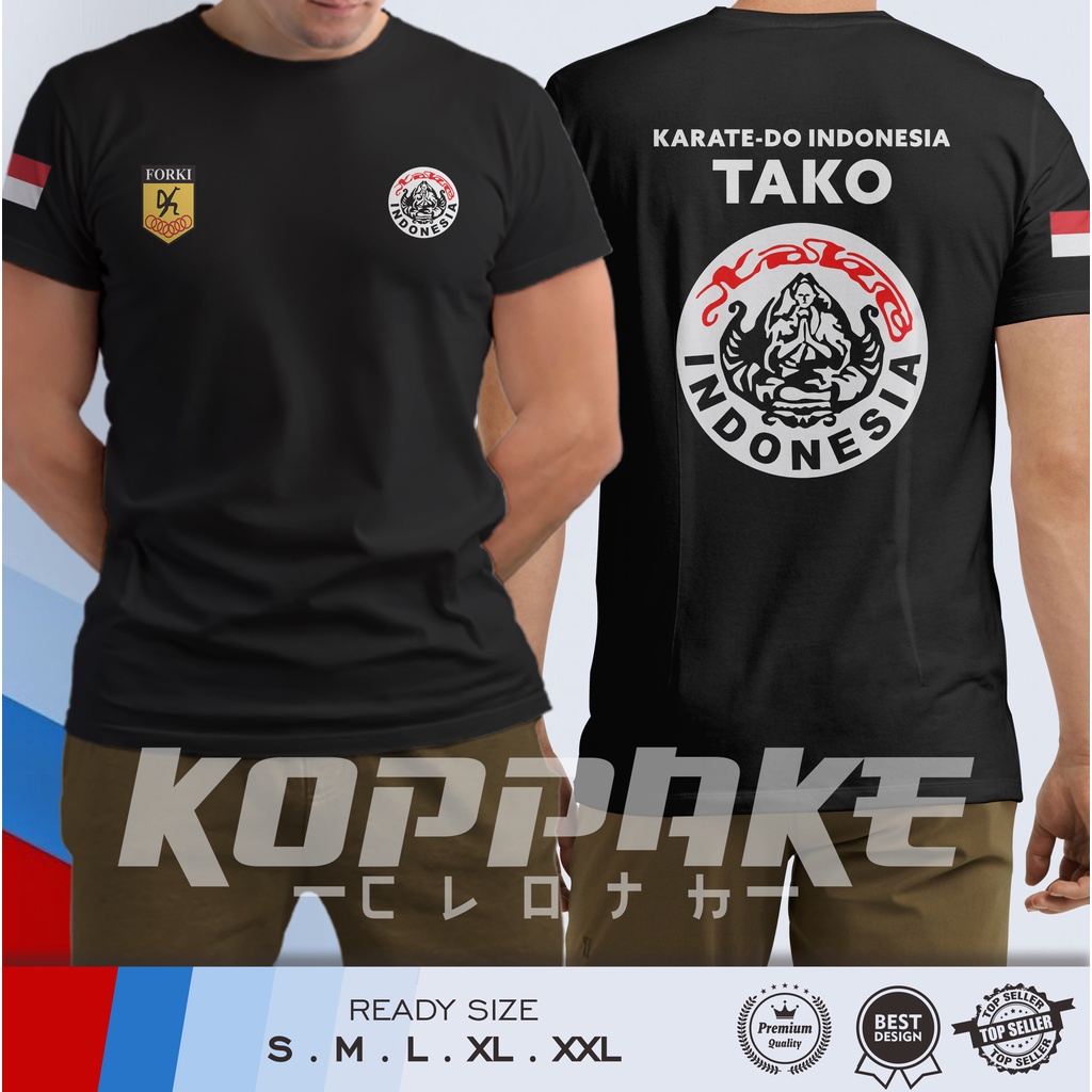 TAKO Karate Indonesia Kaos Olahraga Karate dengan Logo Khas Indonesia Bahan Katun Lembut Pria Hitam 