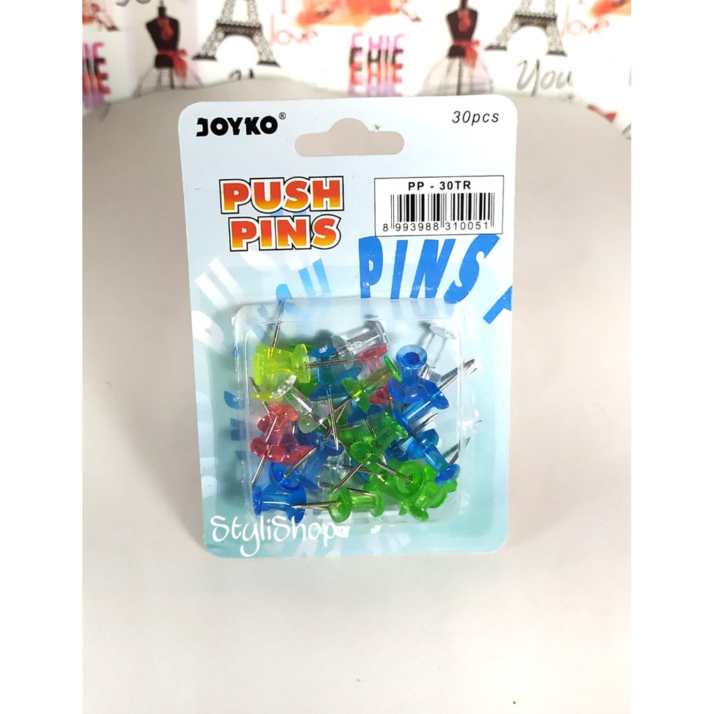 

Push Pin Joyko PP-30TR Warna Transparan Isi 30, Paku Tusuk Warna Warni, Jarum Tekan