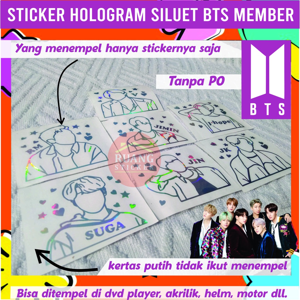 STIKER HOLOGRAM PELANGI BTS MEMBER SILUET OUTLINE SEHARI JADI CUSTOM
