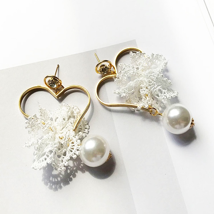 Korea elegan jantung renda Pearl crystal anting-anting Korea fashionmonger panjang rumbai anting-ant