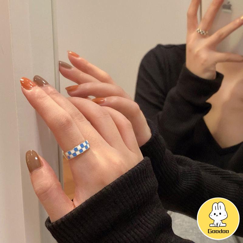 Cincin Korea Adjustable Motif Papan Catur Persegi Untuk Wanita -Doo