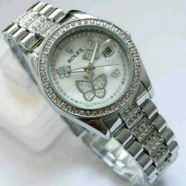 Jam Tangan Wanita Elegant Exclusive ROLEX Butterfly Premium Watch Silver