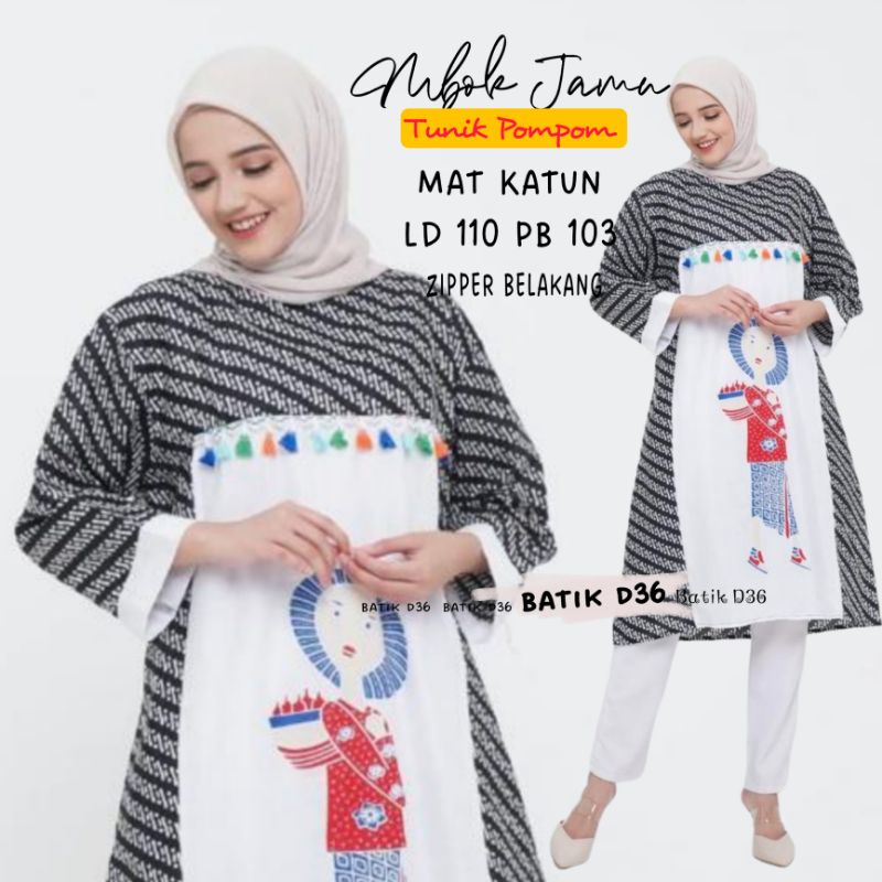 (Semerbak) Tunik dress mbok jamu Atasan Baju Batik modern katun elegan cantik baju kerja wanita kondangan kantor kantoran kasual jumbo kekinian pompom modern Terbaru 2022 semerbak