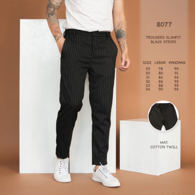 Celana Pria Tartan Slimfit Celana Pria Chino Hitam Trousers Stripe