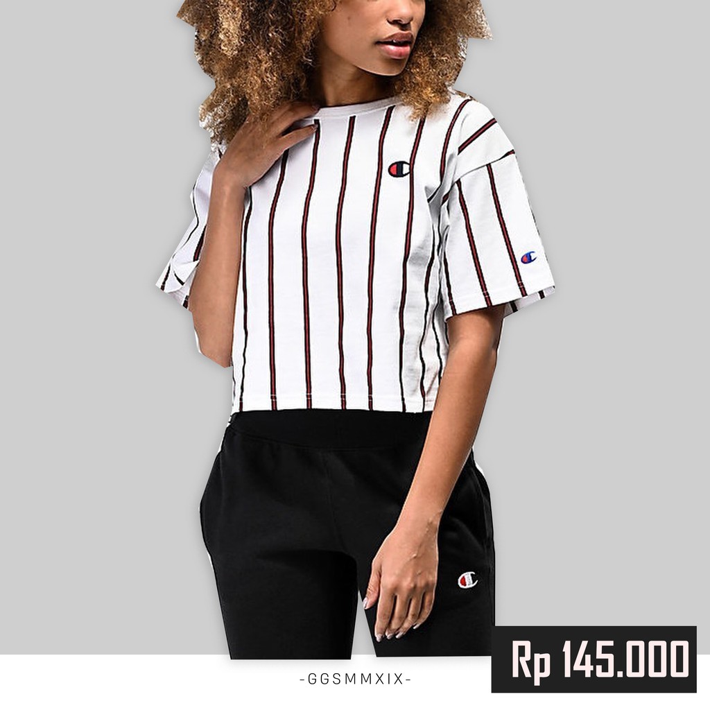 Kaos Crop Champion Original Black Stripe | Kaos Wanita Champion Original Branded | Kaos Champion New