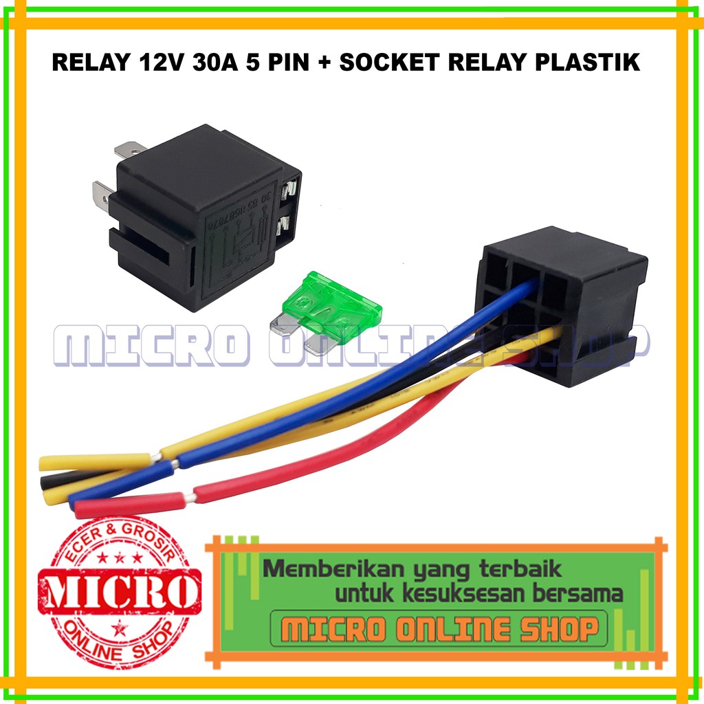 Relay 12V 30A 5 kaki Sekering 30A + Soket Relay Plastik Anti Panas