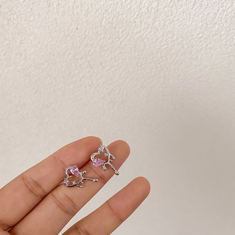 Anting Bentuk Hati Bahan Zirkon Warna Pink Untuk Aksesoris