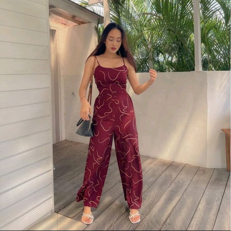 ONE SET KULOT PATTERN // SETELAN TANKTOP FLOWERY-Maroon cacing