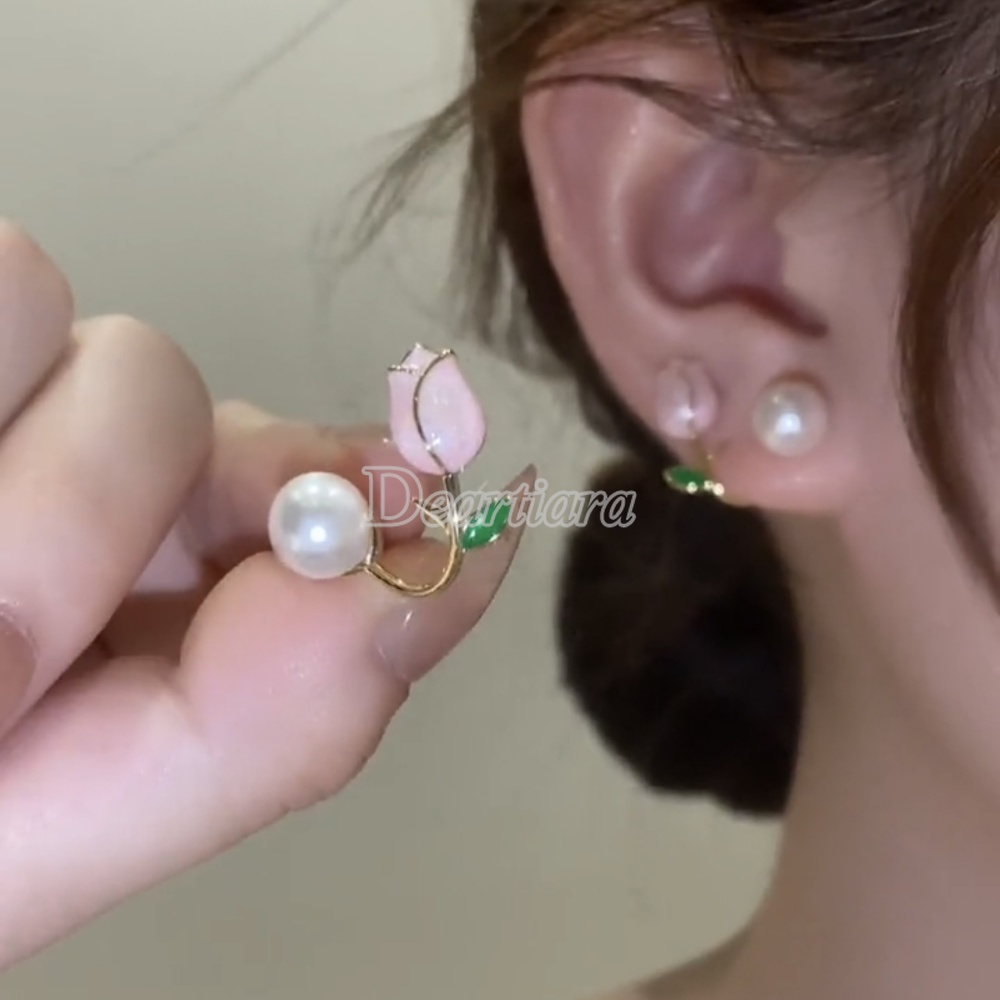 Anting Tusuk Desain Bunga Tulip Hias Mutiara Untuk Wanita