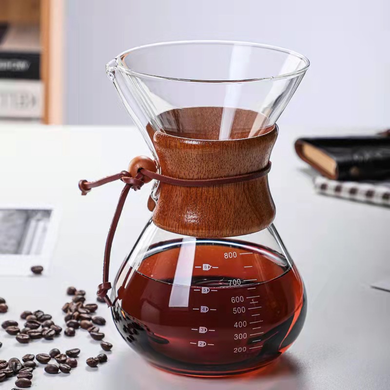 (BOW) Teko Kaca Kopi Bening Classic Dengan Wooden Handle Coffee Pot Serbaguna