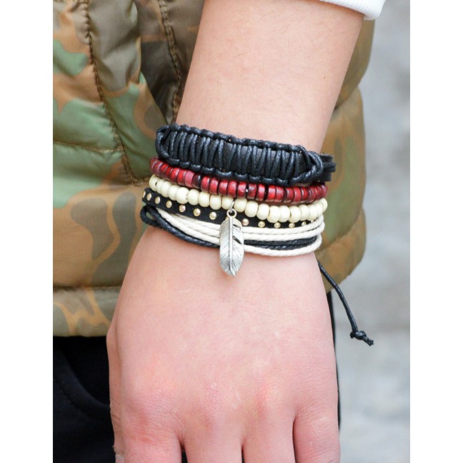 LRC Gelang Tangan Fashion Multi-color Feather Decorated Multi-layer Simple Bracelet(4pcs)