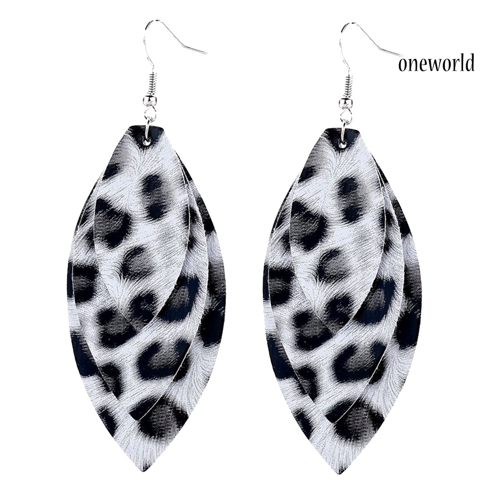 OW@ Women Leopard Triple Layer Leaf Shape Faux Leather Long Dangle Hook Earrings