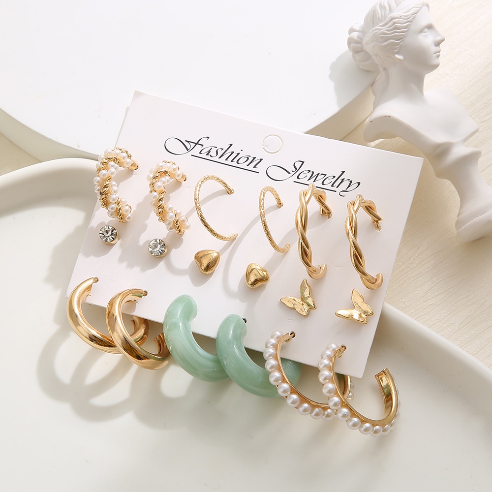 10pcs / Set Anting Tusuk Bahan Metal Warna Gold Desain Awan + Mutiara + Berlian Untuk Wanita