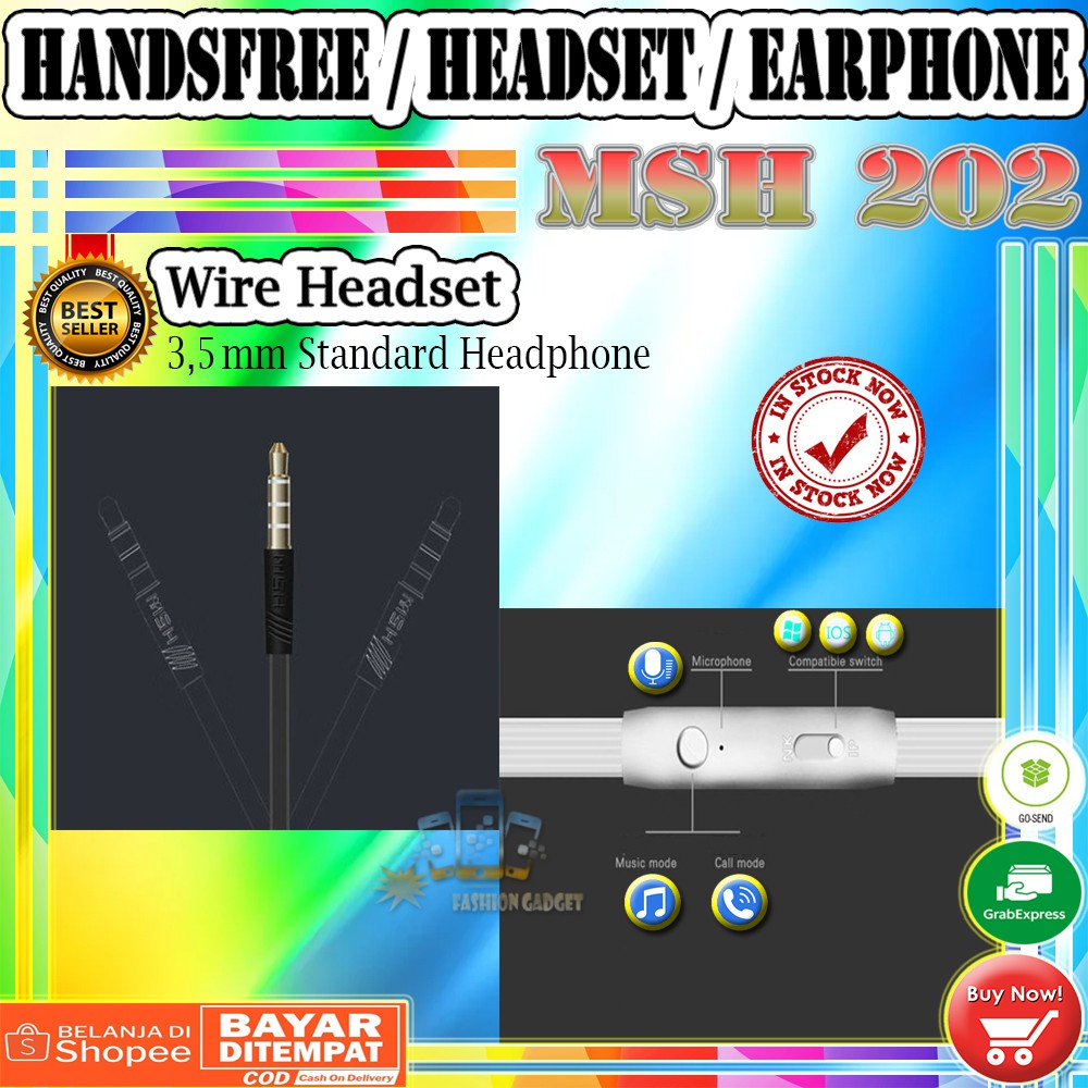 MSH 202 Handsfree DENGAN Mic ( 2 Fungsi Bisa IPHONE / ANDROID ) Headset Earphone Handfree jack 3.5mm