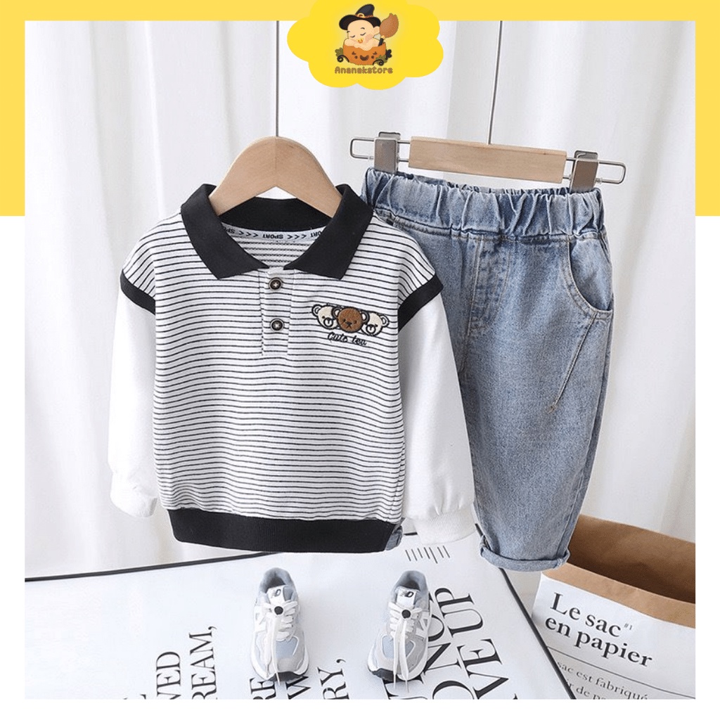 [COD] Setelan anak impor premium 0-5 Tahun baju baby impor korea/ Setelan 3 Bear Motif Strip Grey/AnanakStore