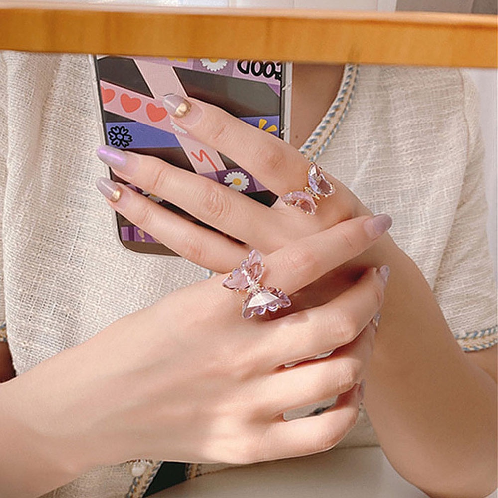 Needway  Shiny Butterfly Finger Ring Colorful Jewelry Open Ring Women Simple Style Transparent Candy Color Elegant Fashion Gift For Women/Multicolor