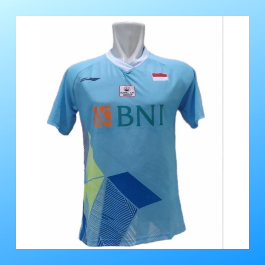 Kaos badminton pria jersey bulutangkis baju atasan jersy wanita dewasa t-shirt outfit seragam kostum olahraga casual suit pakaian jarsey oblong apparel sports jersi bulu tangkis L156 biru sponsor